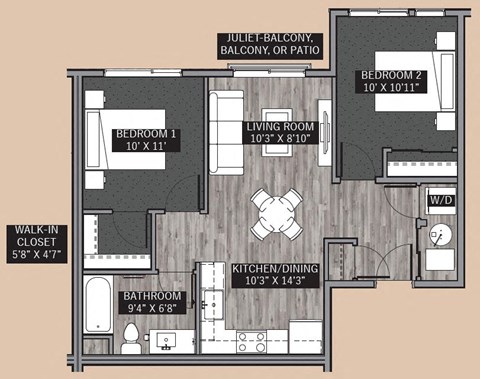 Floor plan for 2 beds, 1 bath, 760 sqft
